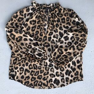 BANANA REPUBLIC Animal Leopard Print Ruffle Ballon Puff Sleeve Sheer Blouse